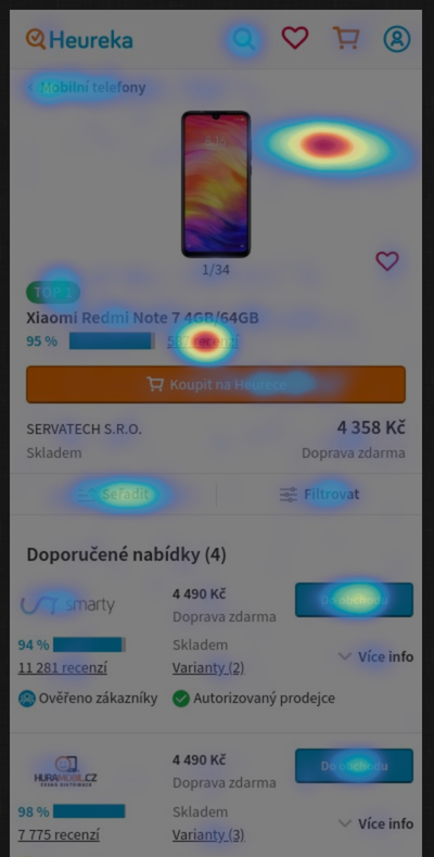 Heatmapa uživatelských iterakcí na produktovém detailu na mobilu